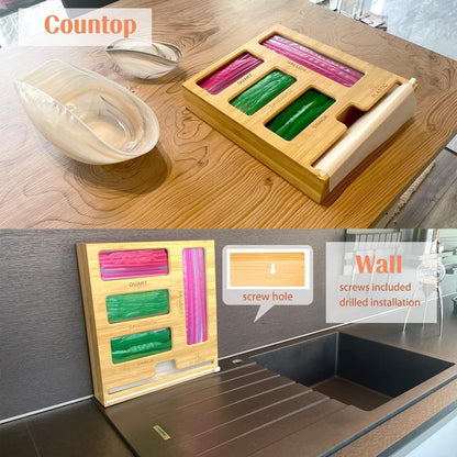 5 in 1 Bamboo Ziplock Bag Organizer Box and Plastic Wrap/Foil/Wax Dispenser with Cutter, Storage Box for Ziplock Bag (Gallon/Quart/Sandwich/Snack), Apply to Kitchen Drawer/Countertop/Wall