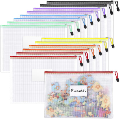 Mesh Zipper Pouch Bags, A4 Letter Size, Zipper Bags with Label Pocket, Waterproof Bag for Classroom Organizer, School Office Teacher Supplies, Storage Pouches for Board Game Toy Storage