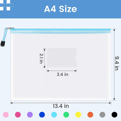 Mesh Zipper Pouch Bags, A4 Letter Size, Zipper Bags with Label Pocket, Waterproof Bag for Classroom Organizer, School Office Teacher Supplies, Storage Pouches for Board Game Toy Storage