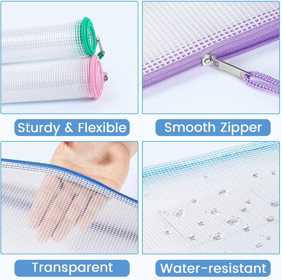 Mesh Zipper Pouch Bags, A4 Letter Size, Zipper Bags with Label Pocket, Waterproof Bag for Classroom Organizer, School Office Teacher Supplies, Storage Pouches for Board Game Toy Storage