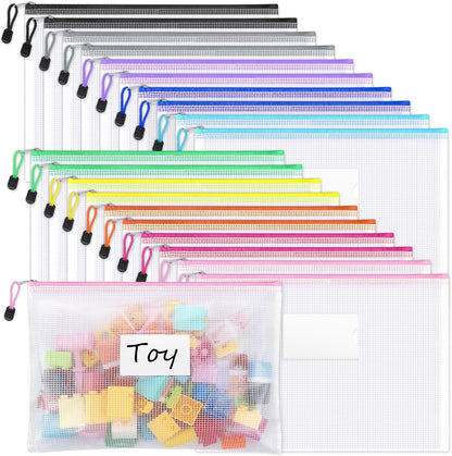 Mesh Zipper Pouch Bags, A4 Letter Size, Zipper Bags with Label Pocket, Waterproof Bag for Classroom Organizer, School Office Teacher Supplies, Storage Pouches for Board Game Toy Storage