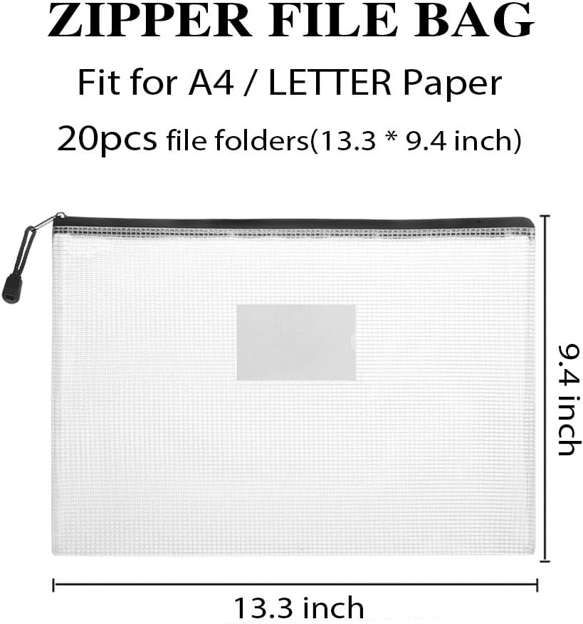 Mesh Zipper Pouch Bags, A4 Letter Size, Zipper Bags with Label Pocket, Waterproof Bag for Classroom Organizer, School Office Teacher Supplies, Storage Pouches for Board Game Toy Storage