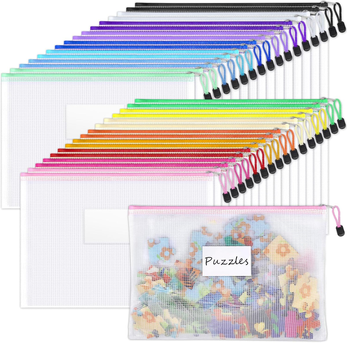 Mesh Zipper Pouch Bags, A4 Letter Size, Zipper Bags with Label Pocket, Waterproof Bag for Classroom Organizer, School Office Teacher Supplies, Storage Pouches for Board Game Toy Storage