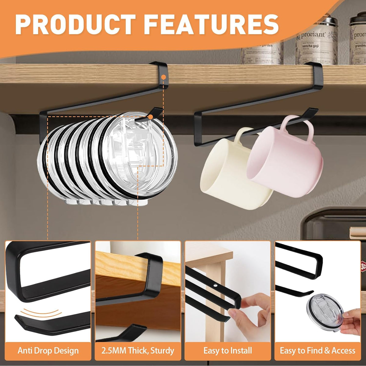 Tumbler Lid Organizer, 2 Pack Coffee Mug Holder for Yeti Tumbler Lid, Space Saving Mug Hanger Rack Holds Up to 12 Lids, Cup Holder Under Cabinet, Water Bottle Lid Holders for Kitchen Storage