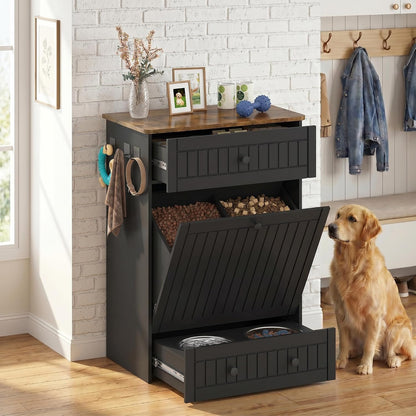 Dog Feeding Station Cabinet Elevated Bowls (Black, Classic Panel)
