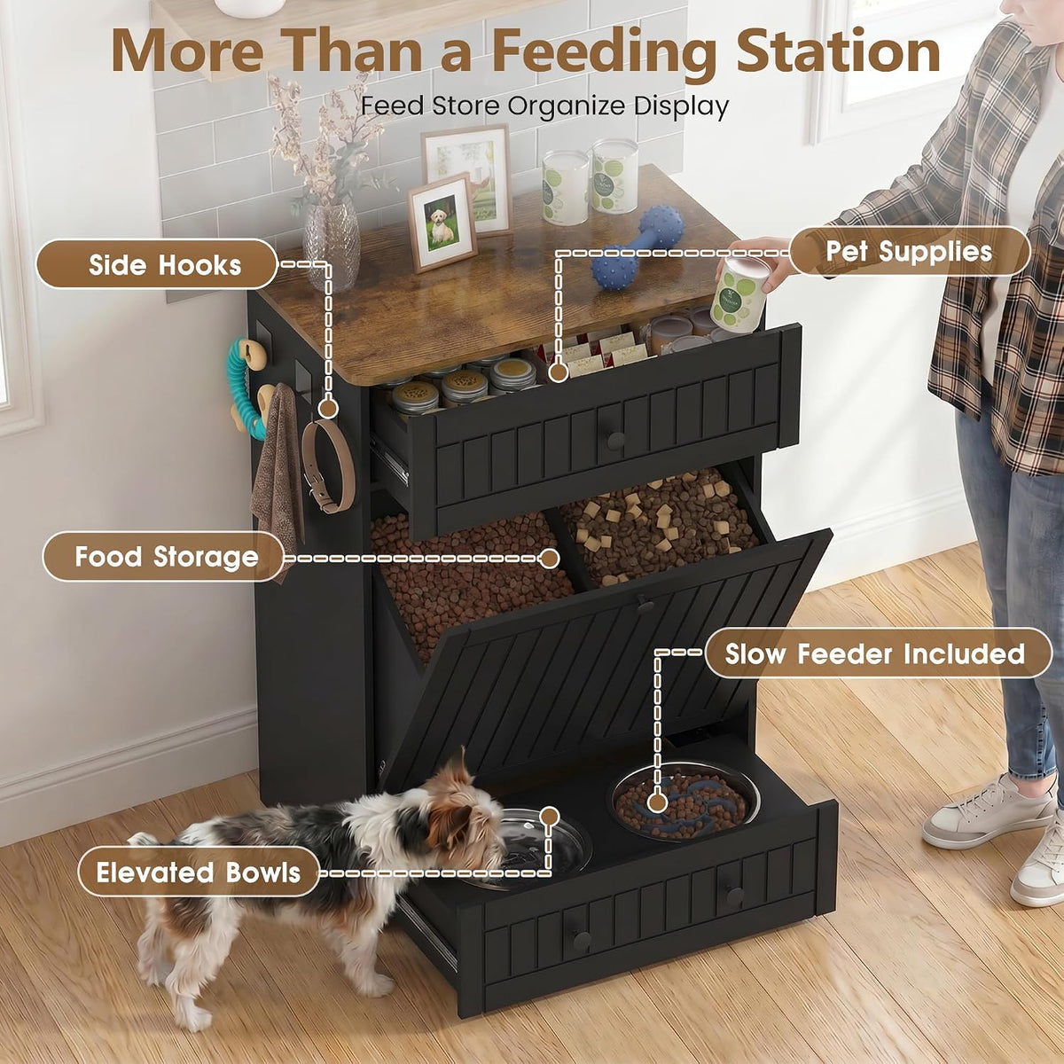 Dog Feeding Station Cabinet Elevated Bowls (Black, Classic Panel)