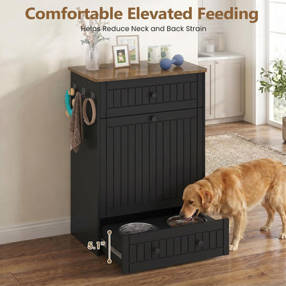 Dog Feeding Station Cabinet Elevated Bowls (Black, Classic Panel)