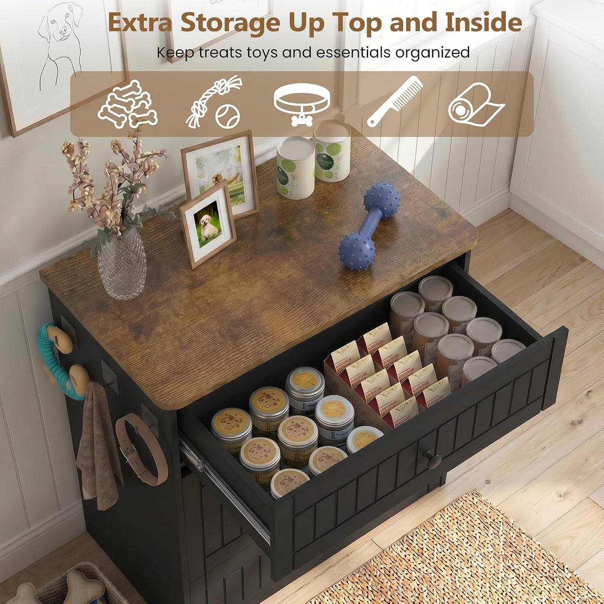 Dog Feeding Station Cabinet Elevated Bowls (Black, Classic Panel)