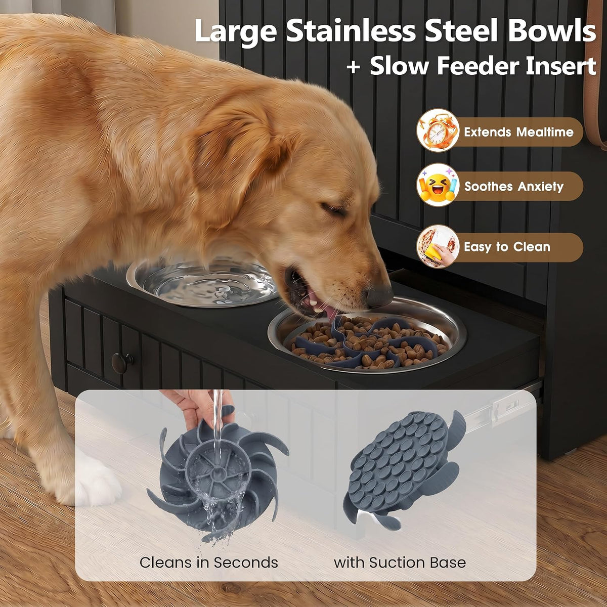 Dog Feeding Station Cabinet Elevated Bowls (Black, Classic Panel)