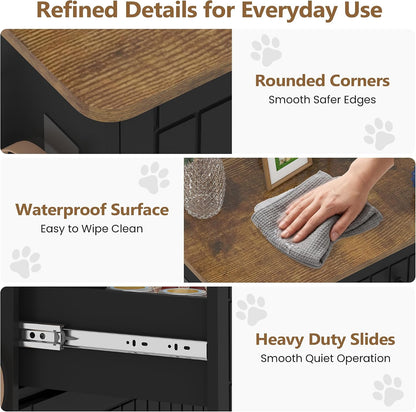 Dog Feeding Station Cabinet Elevated Bowls (Black, Classic Panel)
