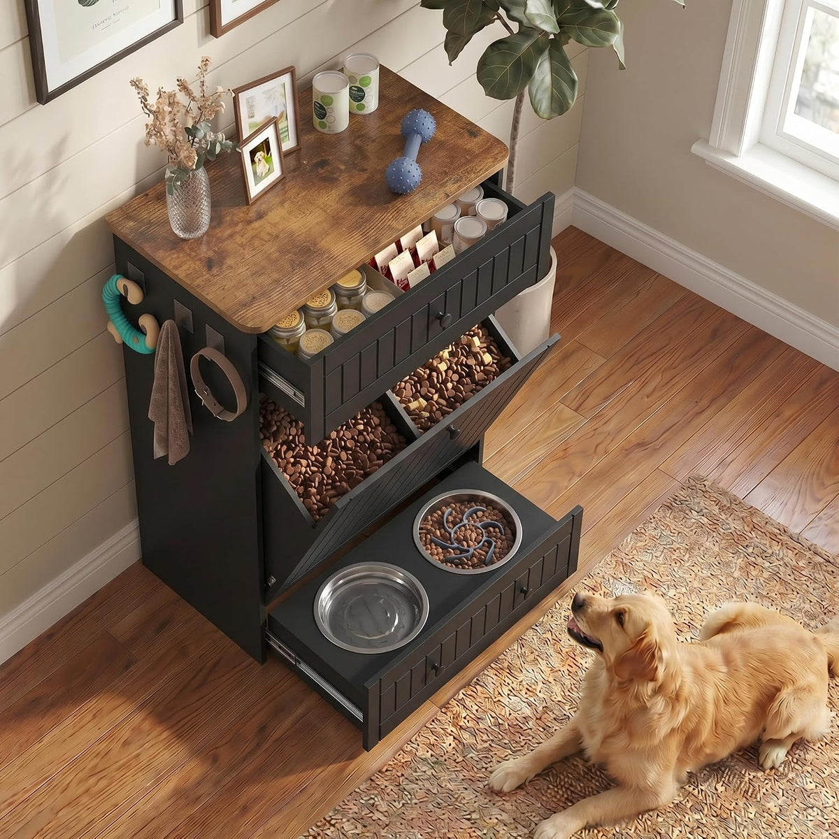 Dog Feeding Station Cabinet Elevated Bowls (Black, Classic Panel)