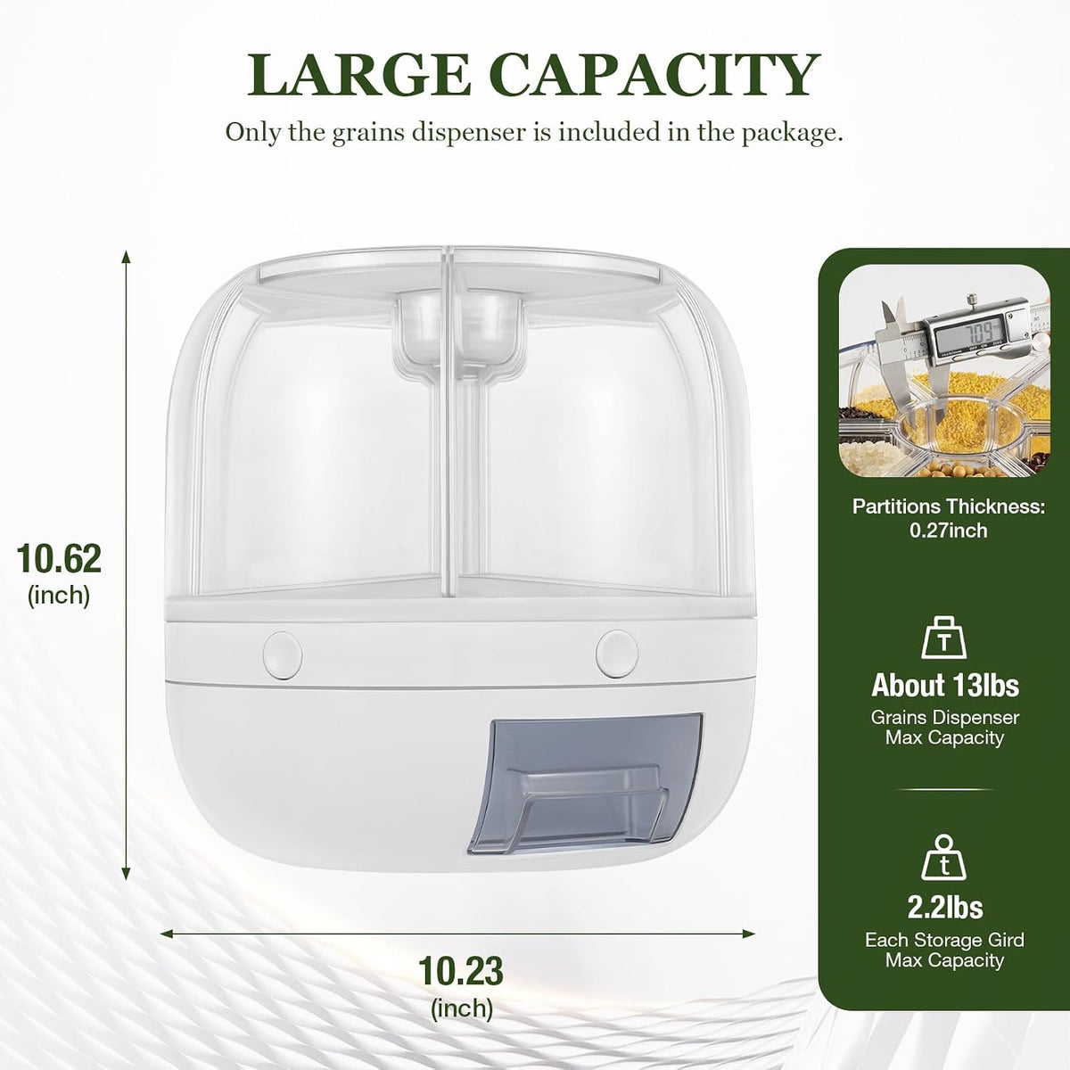 Rice Dispenser, 6 Compartments Rotating Grain Dispenser Kitchen Grain Storage Container Home Airtight Food Storage Organization for Grains, Barley, Legumes Holds Up to 13 lbs (10 x10 inch)