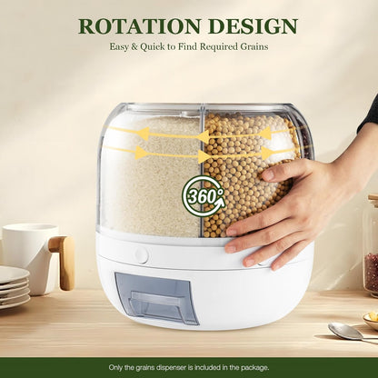 Rice Dispenser, 6 Compartments Rotating Grain Dispenser Kitchen Grain Storage Container Home Airtight Food Storage Organization for Grains, Barley, Legumes Holds Up to 13 lbs (10 x10 inch)