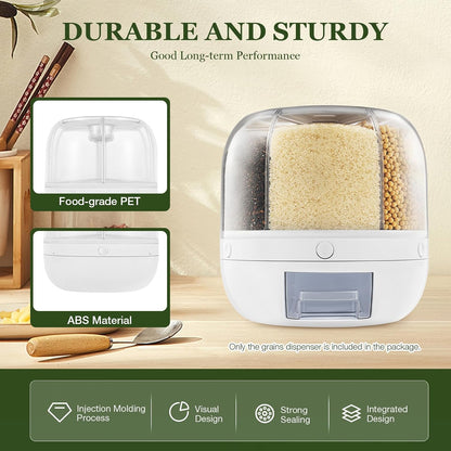 Rice Dispenser, 6 Compartments Rotating Grain Dispenser Kitchen Grain Storage Container Home Airtight Food Storage Organization for Grains, Barley, Legumes Holds Up to 13 lbs (10 x10 inch)