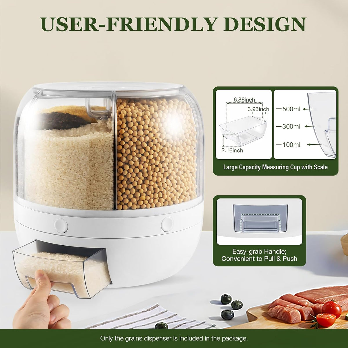 Rice Dispenser, 6 Compartments Rotating Grain Dispenser Kitchen Grain Storage Container Home Airtight Food Storage Organization for Grains, Barley, Legumes Holds Up to 13 lbs (10 x10 inch)