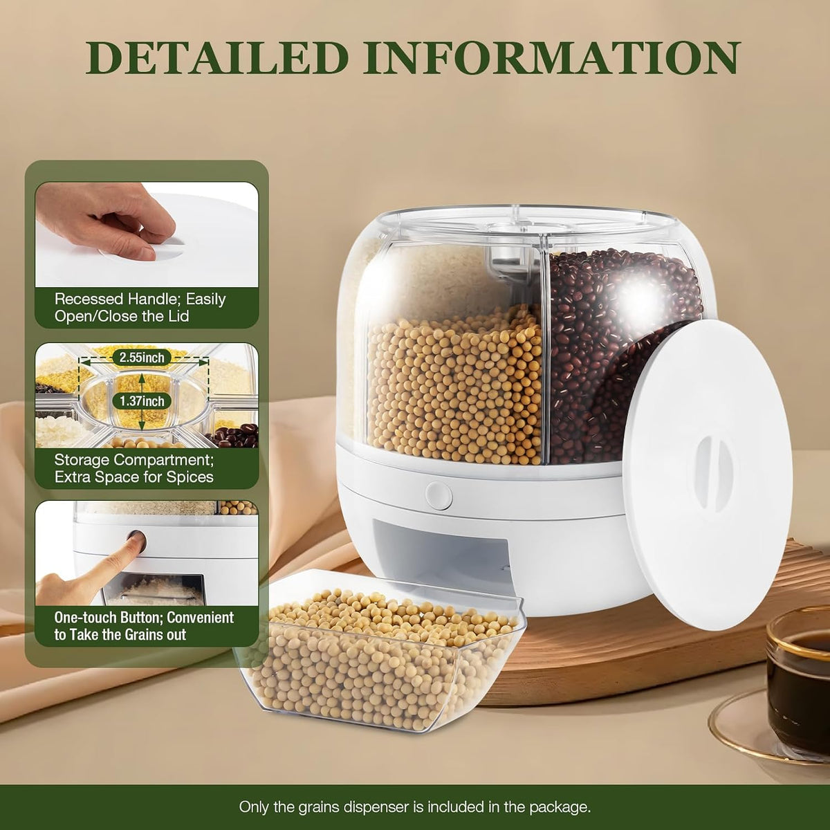 Rice Dispenser, 6 Compartments Rotating Grain Dispenser Kitchen Grain Storage Container Home Airtight Food Storage Organization for Grains, Barley, Legumes Holds Up to 13 lbs (10 x10 inch)