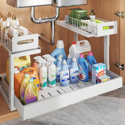 1 Pack Expandable Under Sink Organizers And Storage With Upgrade Ball-Bearing Slide Tracks,2-Tier Pull Out Under Cabinet Organizer Height Adjustable,Slide Out Under Sink Drawers-Black(Patent Pending)
