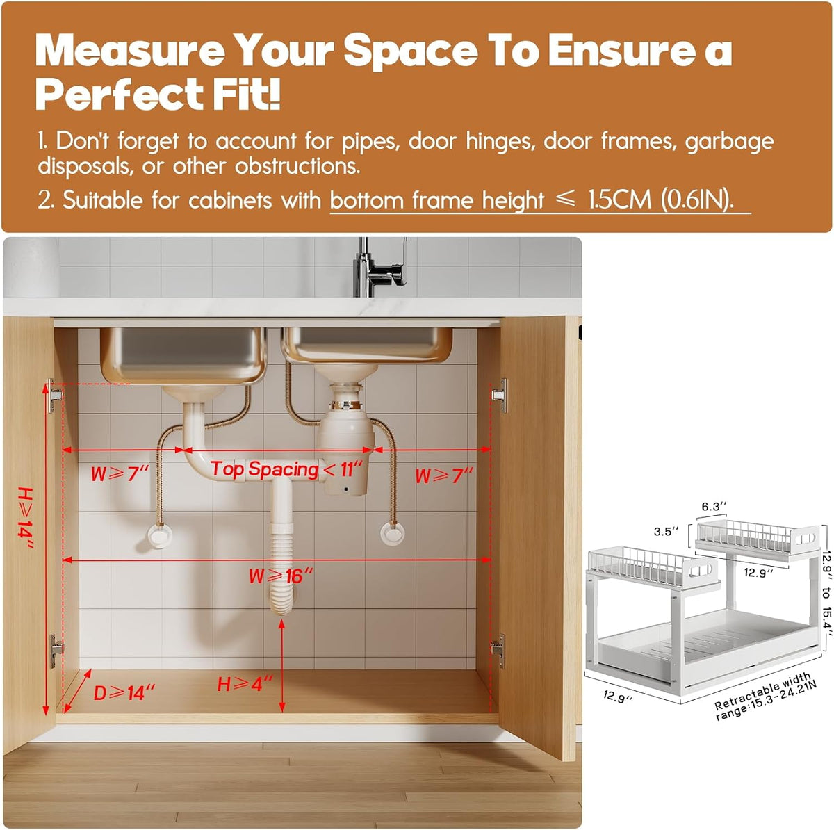 1 Pack Expandable Under Sink Organizers And Storage With Upgrade Ball-Bearing Slide Tracks,2-Tier Pull Out Under Cabinet Organizer Height Adjustable,Slide Out Under Sink Drawers-Black(Patent Pending)