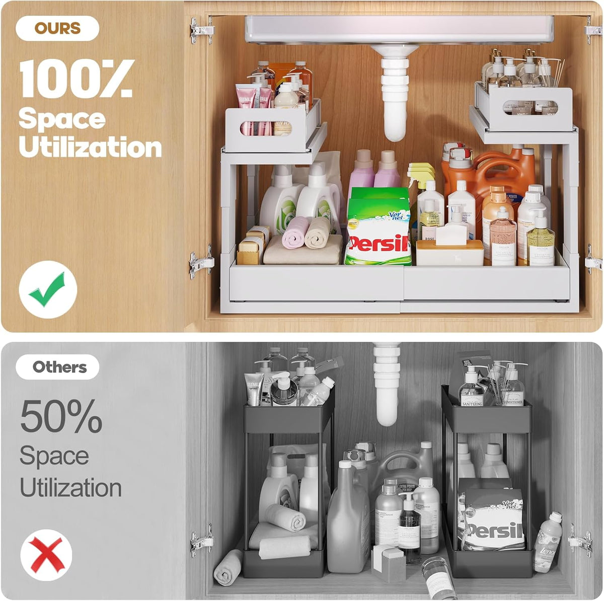 1 Pack Expandable Under Sink Organizers And Storage With Upgrade Ball-Bearing Slide Tracks,2-Tier Pull Out Under Cabinet Organizer Height Adjustable,Slide Out Under Sink Drawers-Black(Patent Pending)