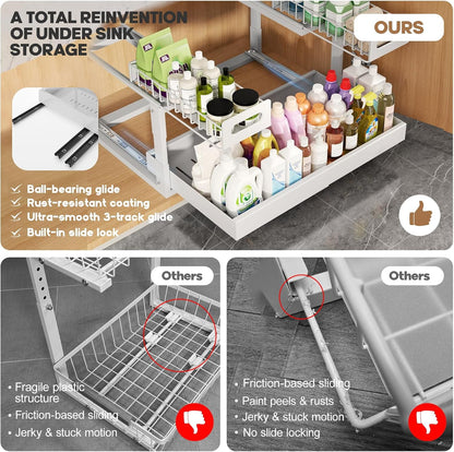 1 Pack Expandable Under Sink Organizers And Storage With Upgrade Ball-Bearing Slide Tracks,2-Tier Pull Out Under Cabinet Organizer Height Adjustable,Slide Out Under Sink Drawers-Black(Patent Pending)