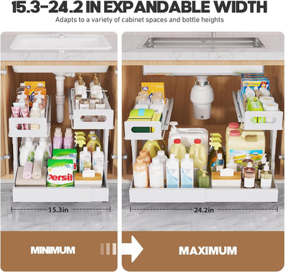 1 Pack Expandable Under Sink Organizers And Storage With Upgrade Ball-Bearing Slide Tracks,2-Tier Pull Out Under Cabinet Organizer Height Adjustable,Slide Out Under Sink Drawers-Black(Patent Pending)