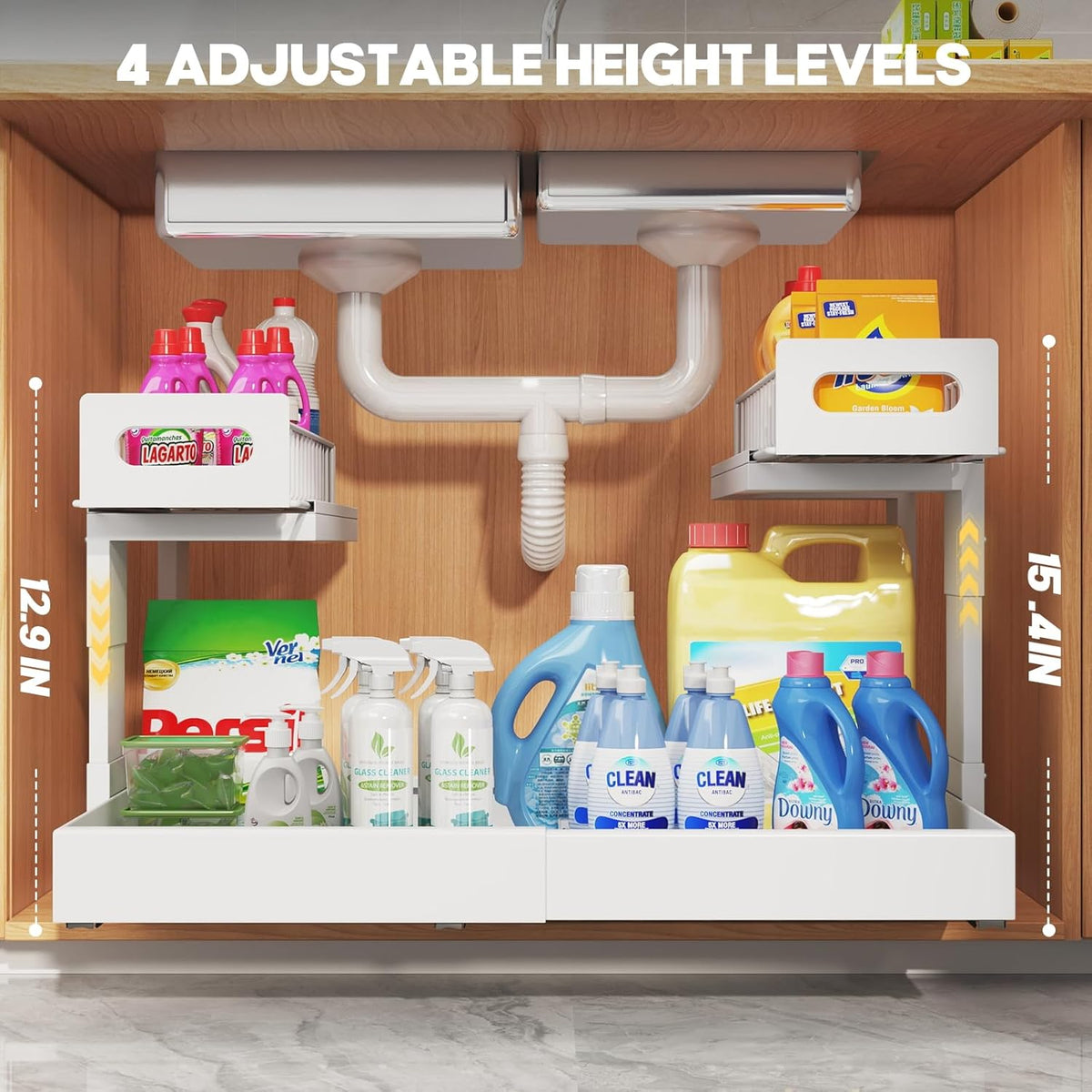 1 Pack Expandable Under Sink Organizers And Storage With Upgrade Ball-Bearing Slide Tracks,2-Tier Pull Out Under Cabinet Organizer Height Adjustable,Slide Out Under Sink Drawers-Black(Patent Pending)