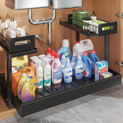 1 Pack Expandable Under Sink Organizers And Storage With Upgrade Ball-Bearing Slide Tracks,2-Tier Pull Out Under Cabinet Organizer Height Adjustable,Slide Out Under Sink Drawers-Black(Patent Pending)