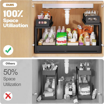 1 Pack Expandable Under Sink Organizers And Storage With Upgrade Ball-Bearing Slide Tracks,2-Tier Pull Out Under Cabinet Organizer Height Adjustable,Slide Out Under Sink Drawers-Black(Patent Pending)