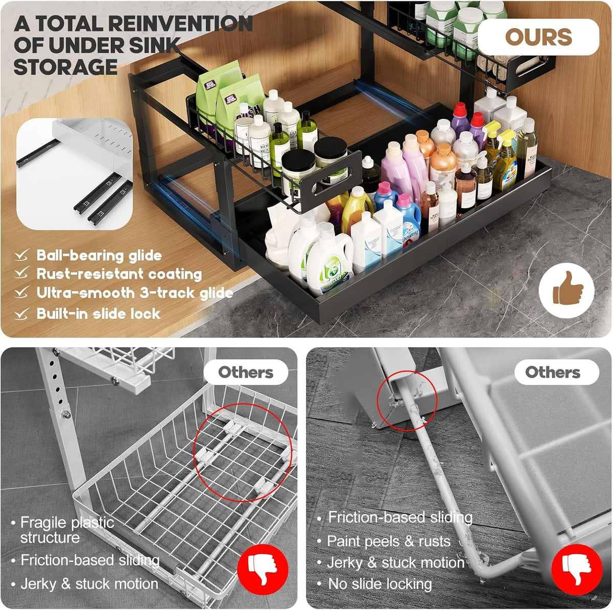 1 Pack Expandable Under Sink Organizers And Storage With Upgrade Ball-Bearing Slide Tracks,2-Tier Pull Out Under Cabinet Organizer Height Adjustable,Slide Out Under Sink Drawers-Black(Patent Pending)