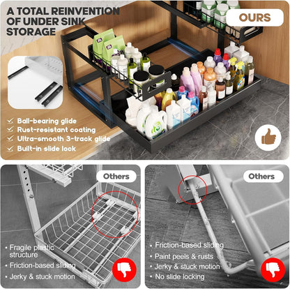 1 Pack Expandable Under Sink Organizers And Storage With Upgrade Ball-Bearing Slide Tracks,2-Tier Pull Out Under Cabinet Organizer Height Adjustable,Slide Out Under Sink Drawers-Black(Patent Pending)