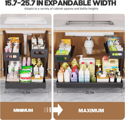 1 Pack Expandable Under Sink Organizers And Storage With Upgrade Ball-Bearing Slide Tracks,2-Tier Pull Out Under Cabinet Organizer Height Adjustable,Slide Out Under Sink Drawers-Black(Patent Pending)