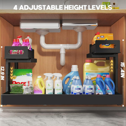 1 Pack Expandable Under Sink Organizers And Storage With Upgrade Ball-Bearing Slide Tracks,2-Tier Pull Out Under Cabinet Organizer Height Adjustable,Slide Out Under Sink Drawers-Black(Patent Pending)