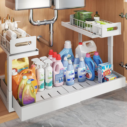 1 Pack Expandable Under Sink Organizers And Storage With Upgrade Ball-Bearing Slide Tracks,2-Tier Pull Out Under Cabinet Organizer Height Adjustable,Slide Out Under Sink Drawers-Black(Patent Pending)