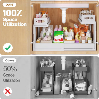 1 Pack Expandable Under Sink Organizers And Storage With Upgrade Ball-Bearing Slide Tracks,2-Tier Pull Out Under Cabinet Organizer Height Adjustable,Slide Out Under Sink Drawers-Black(Patent Pending)
