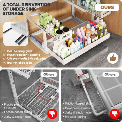 1 Pack Expandable Under Sink Organizers And Storage With Upgrade Ball-Bearing Slide Tracks,2-Tier Pull Out Under Cabinet Organizer Height Adjustable,Slide Out Under Sink Drawers-Black(Patent Pending)