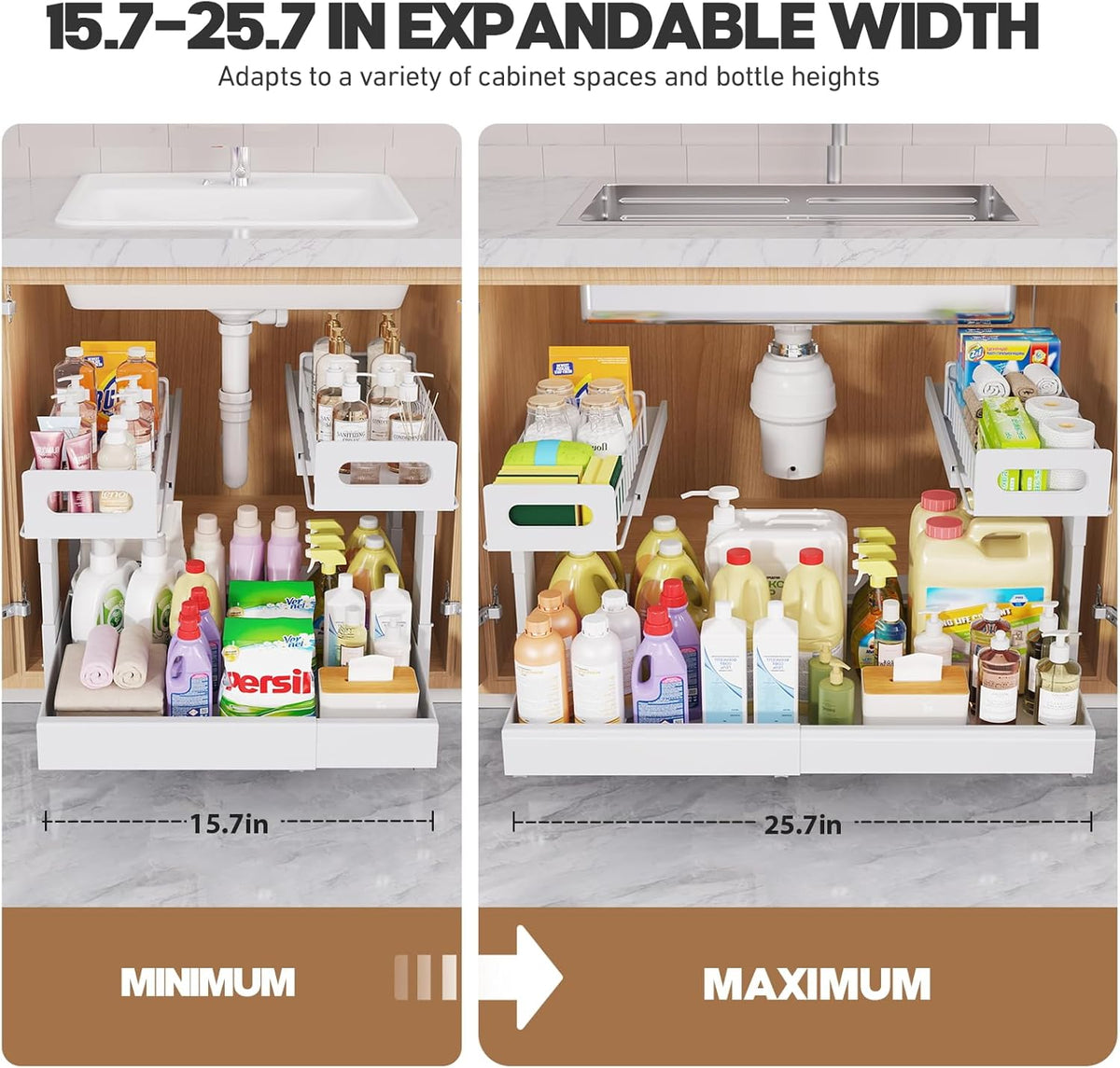 1 Pack Expandable Under Sink Organizers And Storage With Upgrade Ball-Bearing Slide Tracks,2-Tier Pull Out Under Cabinet Organizer Height Adjustable,Slide Out Under Sink Drawers-Black(Patent Pending)