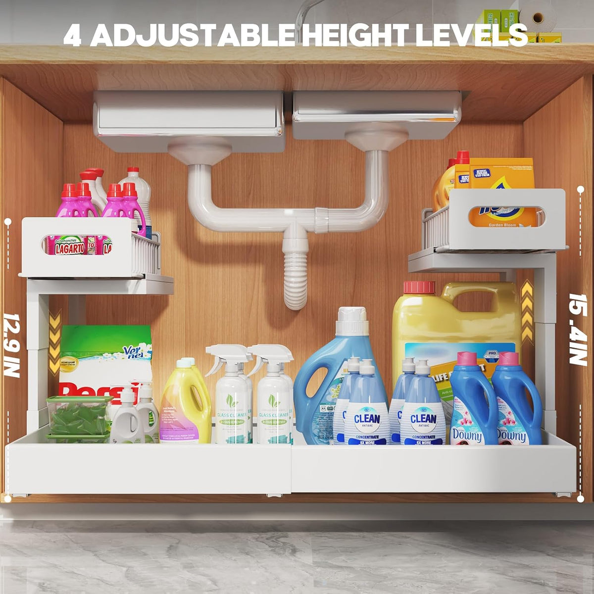 1 Pack Expandable Under Sink Organizers And Storage With Upgrade Ball-Bearing Slide Tracks,2-Tier Pull Out Under Cabinet Organizer Height Adjustable,Slide Out Under Sink Drawers-Black(Patent Pending)