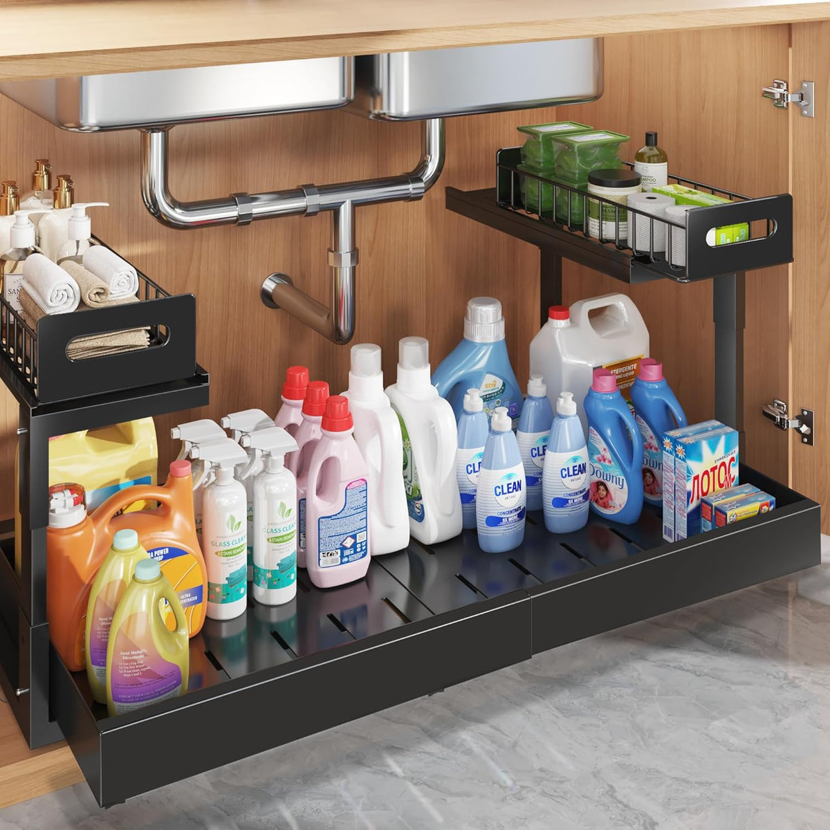1 Pack Expandable Under Sink Organizers And Storage With Upgrade Ball-Bearing Slide Tracks,2-Tier Pull Out Under Cabinet Organizer Height Adjustable,Slide Out Under Sink Drawers-Black(Patent Pending)