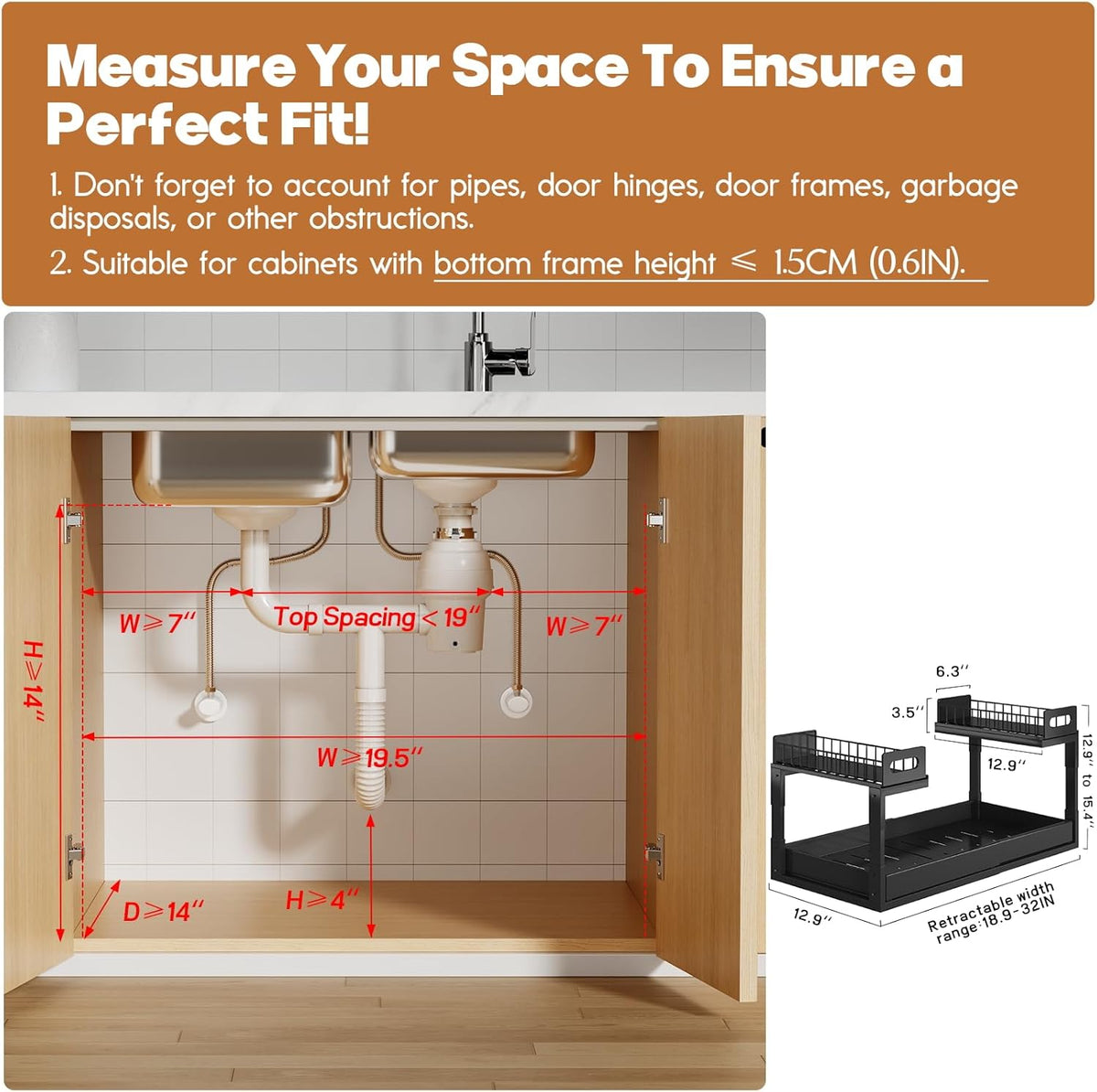 1 Pack Expandable Under Sink Organizers And Storage With Upgrade Ball-Bearing Slide Tracks,2-Tier Pull Out Under Cabinet Organizer Height Adjustable,Slide Out Under Sink Drawers-Black(Patent Pending)