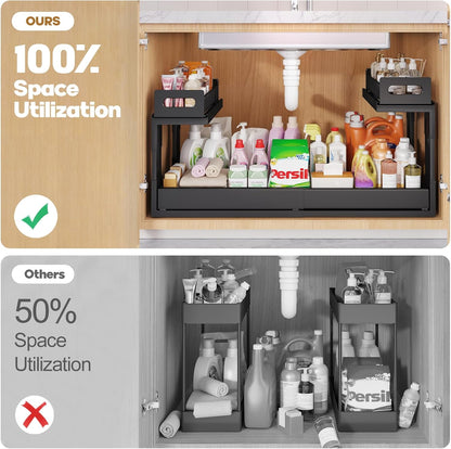 1 Pack Expandable Under Sink Organizers And Storage With Upgrade Ball-Bearing Slide Tracks,2-Tier Pull Out Under Cabinet Organizer Height Adjustable,Slide Out Under Sink Drawers-Black(Patent Pending)