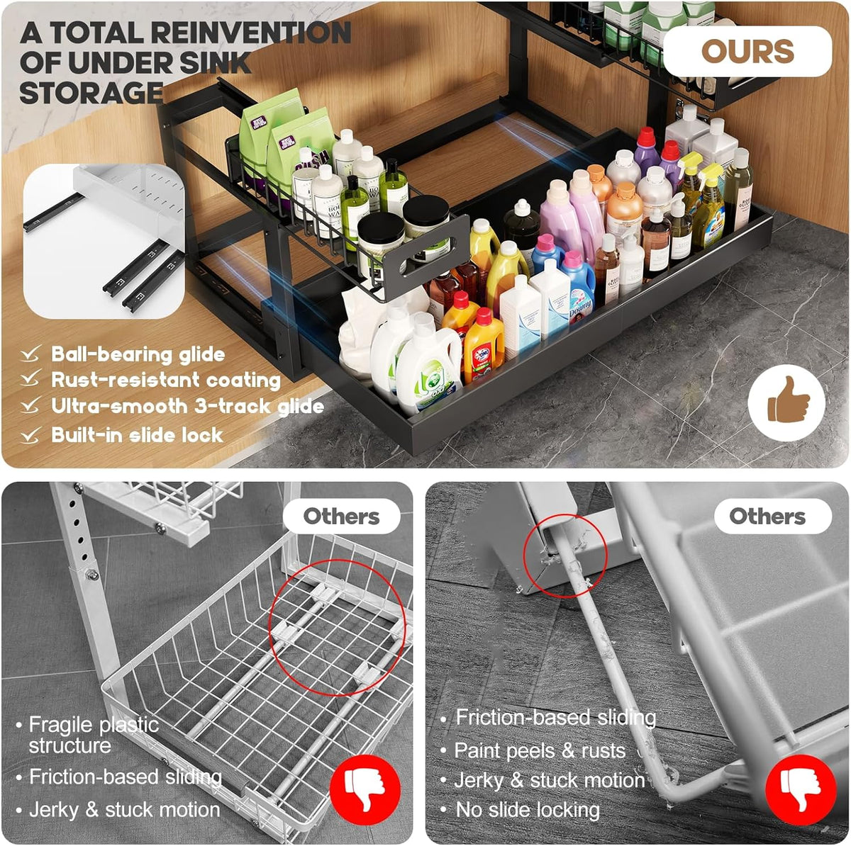 1 Pack Expandable Under Sink Organizers And Storage With Upgrade Ball-Bearing Slide Tracks,2-Tier Pull Out Under Cabinet Organizer Height Adjustable,Slide Out Under Sink Drawers-Black(Patent Pending)