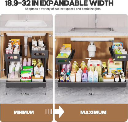 1 Pack Expandable Under Sink Organizers And Storage With Upgrade Ball-Bearing Slide Tracks,2-Tier Pull Out Under Cabinet Organizer Height Adjustable,Slide Out Under Sink Drawers-Black(Patent Pending)