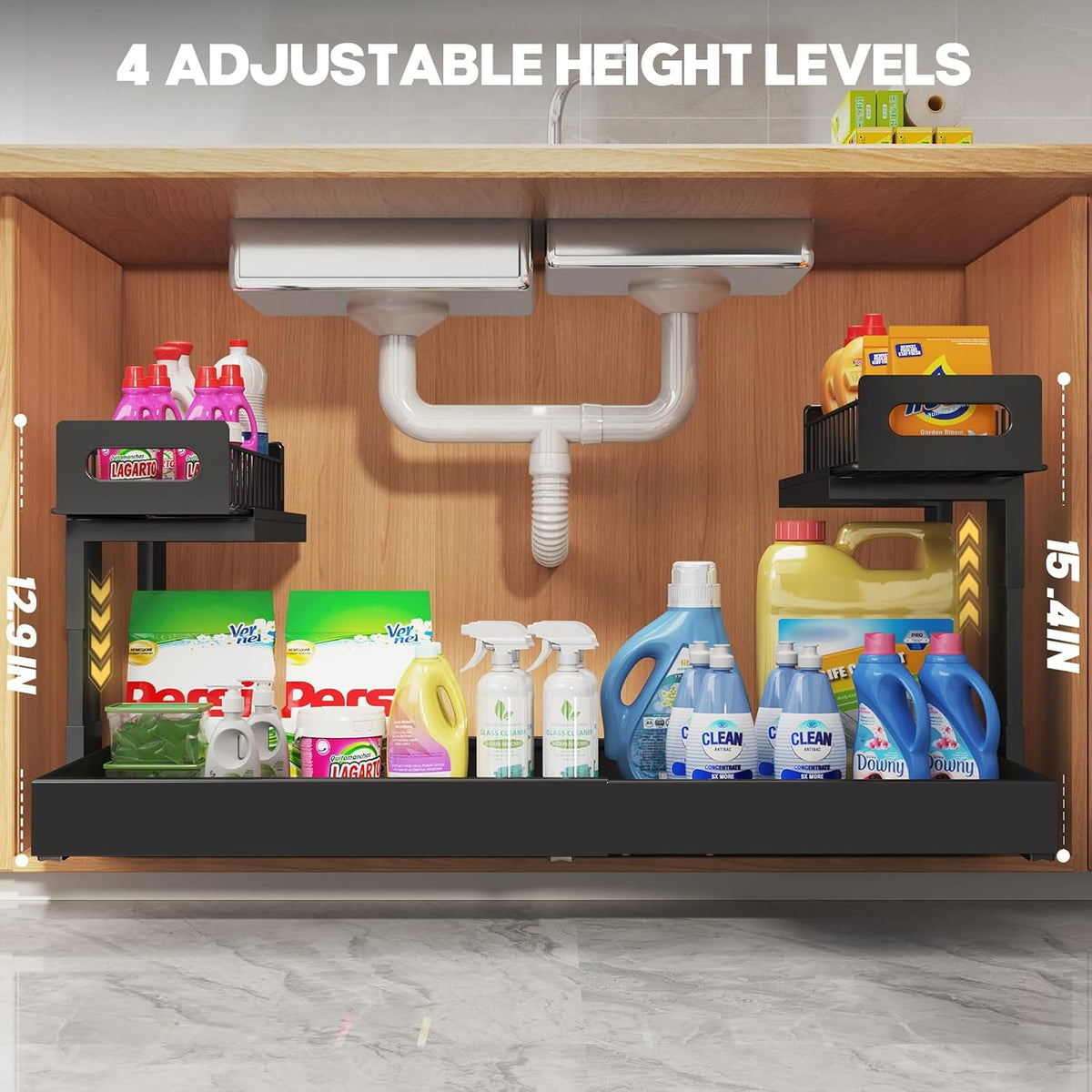 1 Pack Expandable Under Sink Organizers And Storage With Upgrade Ball-Bearing Slide Tracks,2-Tier Pull Out Under Cabinet Organizer Height Adjustable,Slide Out Under Sink Drawers-Black(Patent Pending)