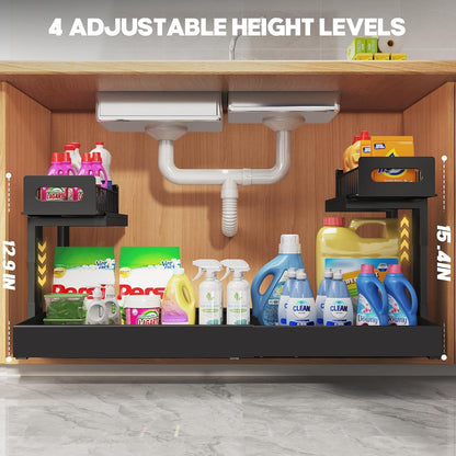 1 Pack Expandable Under Sink Organizers And Storage With Upgrade Ball-Bearing Slide Tracks,2-Tier Pull Out Under Cabinet Organizer Height Adjustable,Slide Out Under Sink Drawers-Black(Patent Pending)