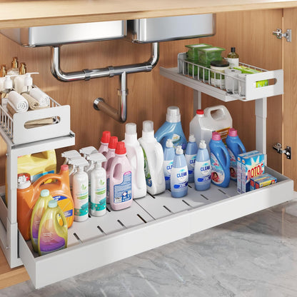 1 Pack Expandable Under Sink Organizers And Storage With Upgrade Ball-Bearing Slide Tracks,2-Tier Pull Out Under Cabinet Organizer Height Adjustable,Slide Out Under Sink Drawers-Black(Patent Pending)