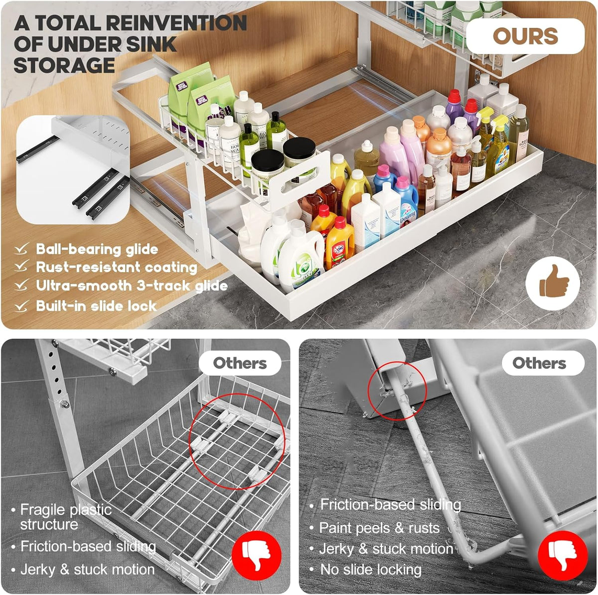 1 Pack Expandable Under Sink Organizers And Storage With Upgrade Ball-Bearing Slide Tracks,2-Tier Pull Out Under Cabinet Organizer Height Adjustable,Slide Out Under Sink Drawers-Black(Patent Pending)