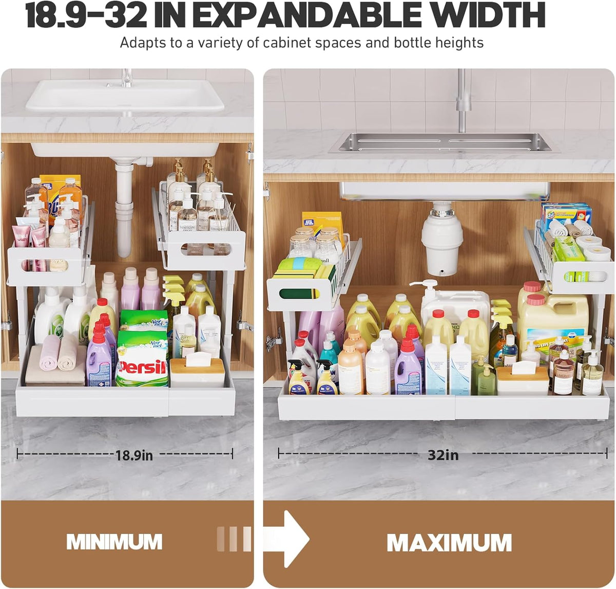 1 Pack Expandable Under Sink Organizers And Storage With Upgrade Ball-Bearing Slide Tracks,2-Tier Pull Out Under Cabinet Organizer Height Adjustable,Slide Out Under Sink Drawers-Black(Patent Pending)