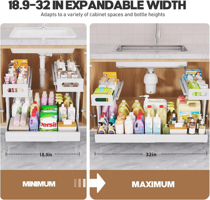 1 Pack Expandable Under Sink Organizers And Storage With Upgrade Ball-Bearing Slide Tracks,2-Tier Pull Out Under Cabinet Organizer Height Adjustable,Slide Out Under Sink Drawers-Black(Patent Pending)