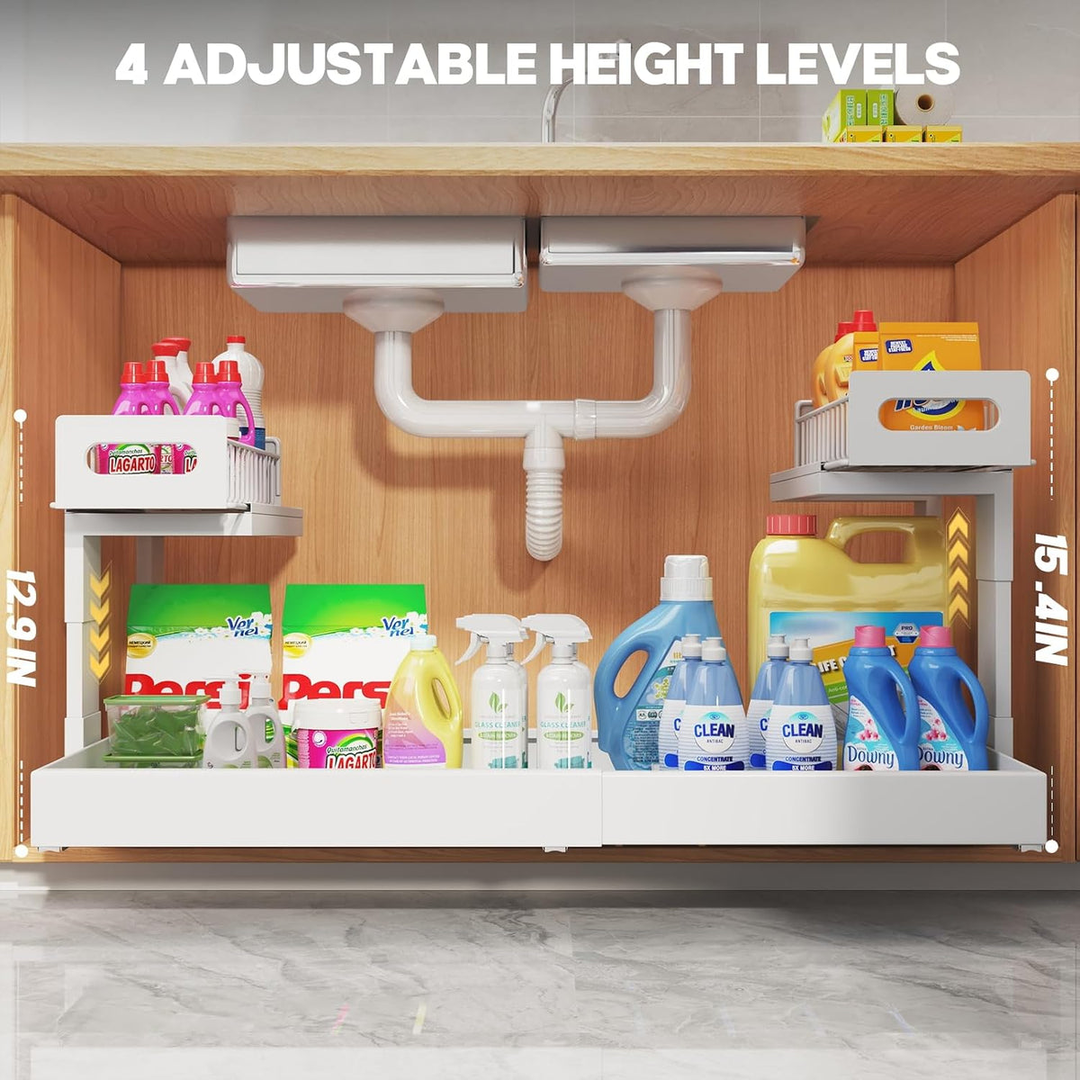 1 Pack Expandable Under Sink Organizers And Storage With Upgrade Ball-Bearing Slide Tracks,2-Tier Pull Out Under Cabinet Organizer Height Adjustable,Slide Out Under Sink Drawers-Black(Patent Pending)