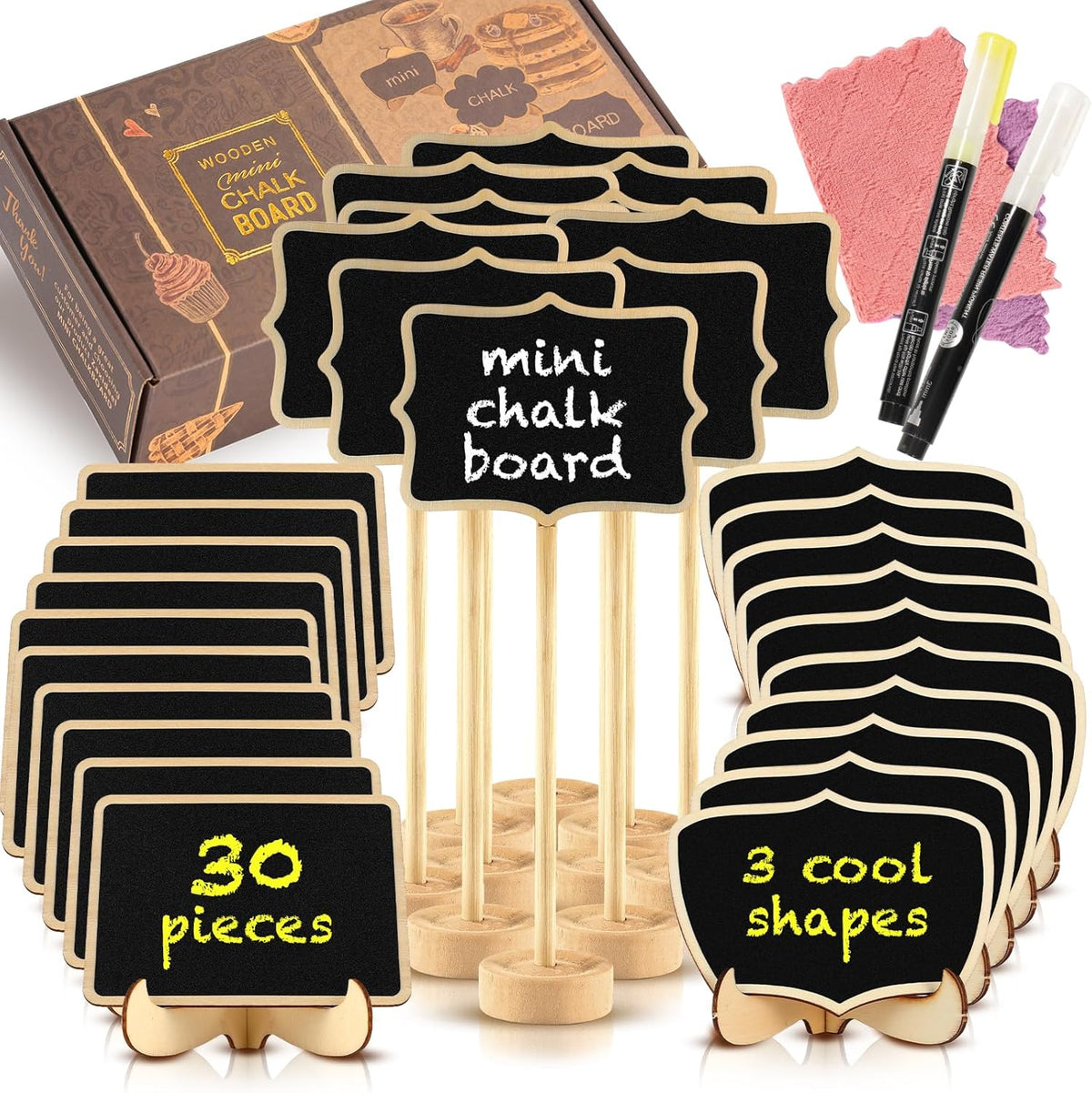 Mini Chalkboard Signs, 20 Pack Framed Small Chalk Board Food Labels with Easel Stand for Party Buffet or Wedding Celebration, Wooden Blackboard as Place Cards for Table Setting or Numbers